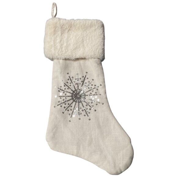 Gigi Seasons Christmas Stocking 18" White Fur Linen Silver Sequin Snowflake NWOT - Picture 3 of 12